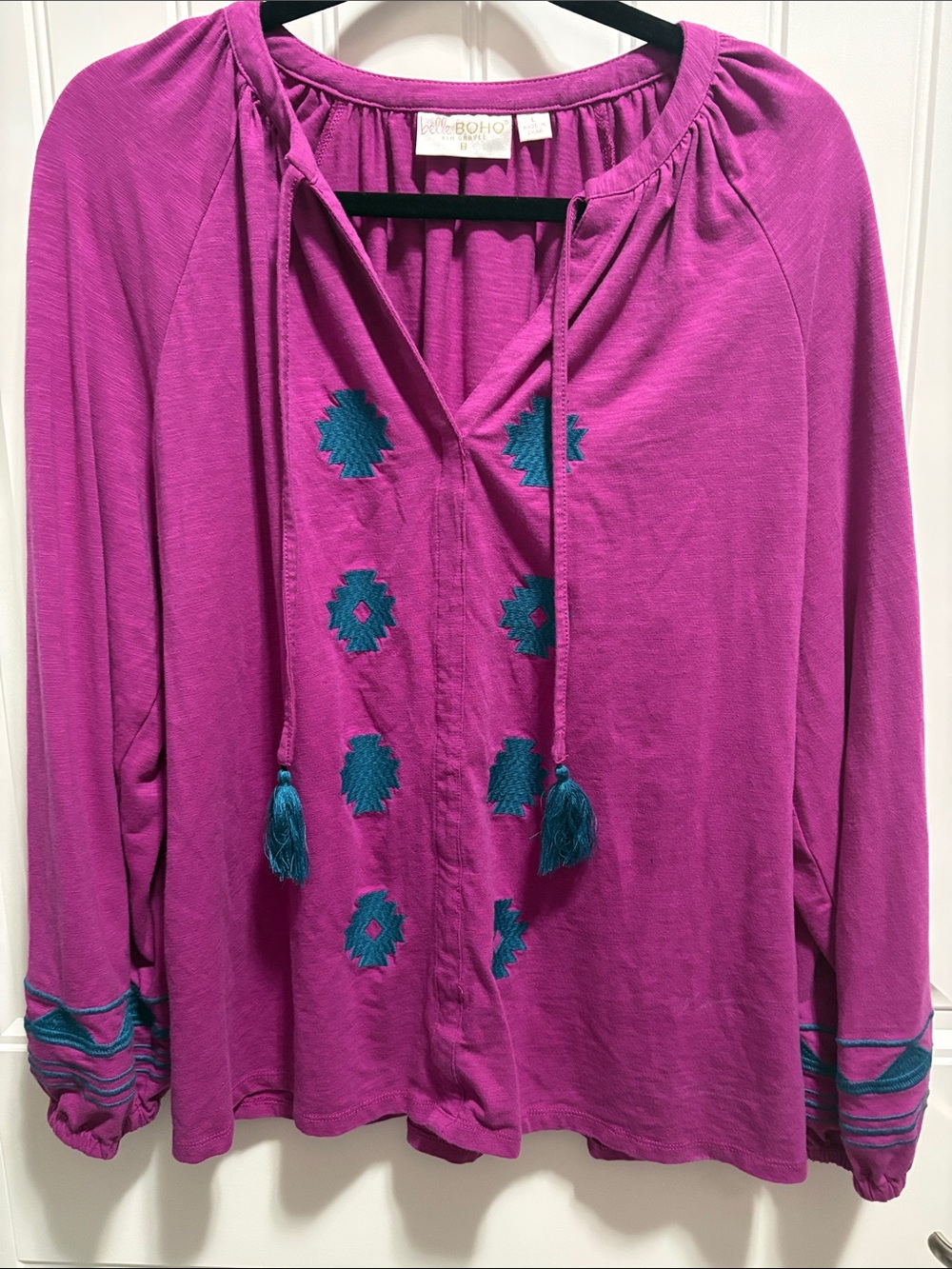 Belle du Jour Belle BOHO Large Embroidered Tassel Peasant Top Purple
